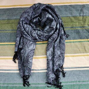 blue paisley pashmina scarf fringe details shawl